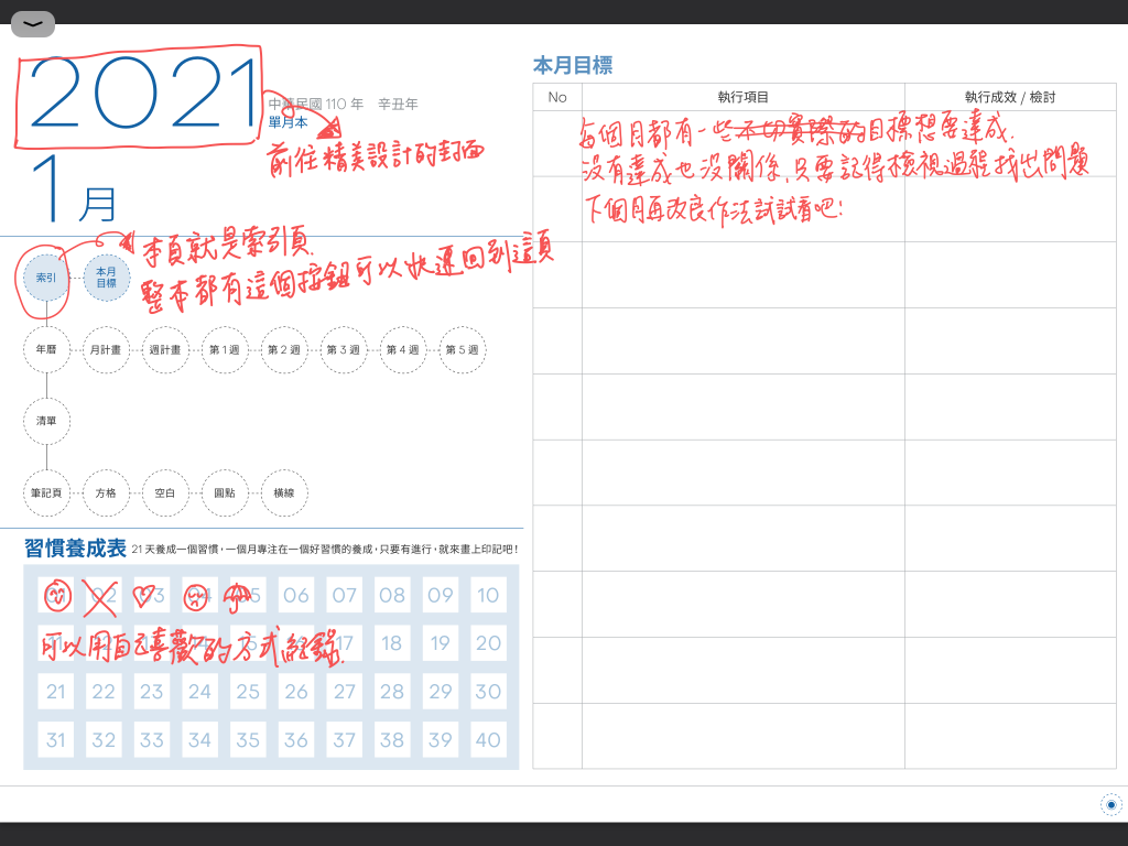 iPad digital planner 2021 - Monthly -classic blue 筆記頁-索引頁手寫說明 | me.Learning