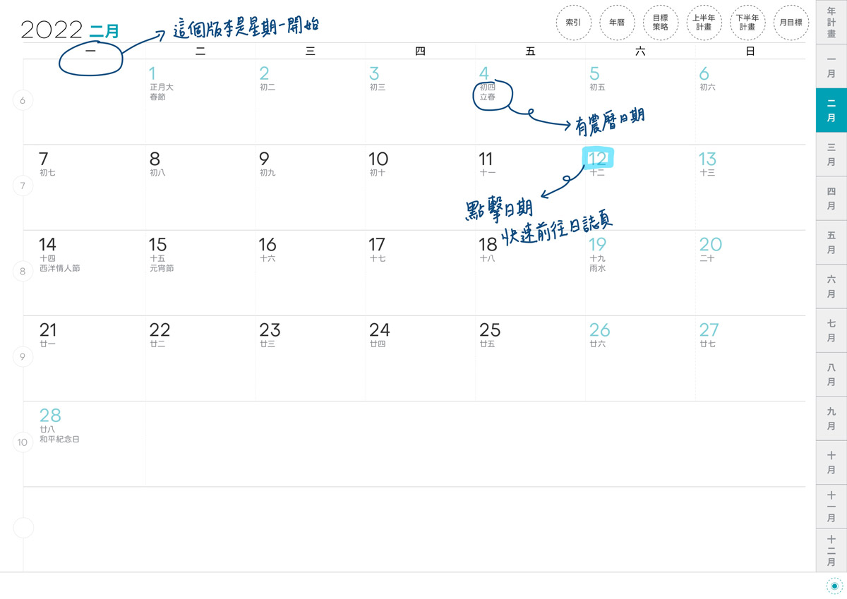 iPad digital planner 2022-Yearly-Bluebird-Monday start 月計劃手寫說明2 | me.Learning