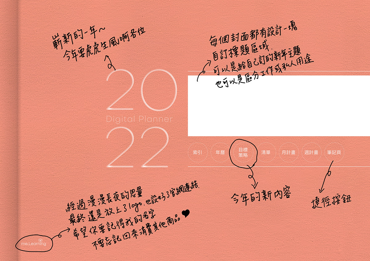 iPad digital planner 2022-Yearly-PeachPink 封面手寫說明 | me.Learning