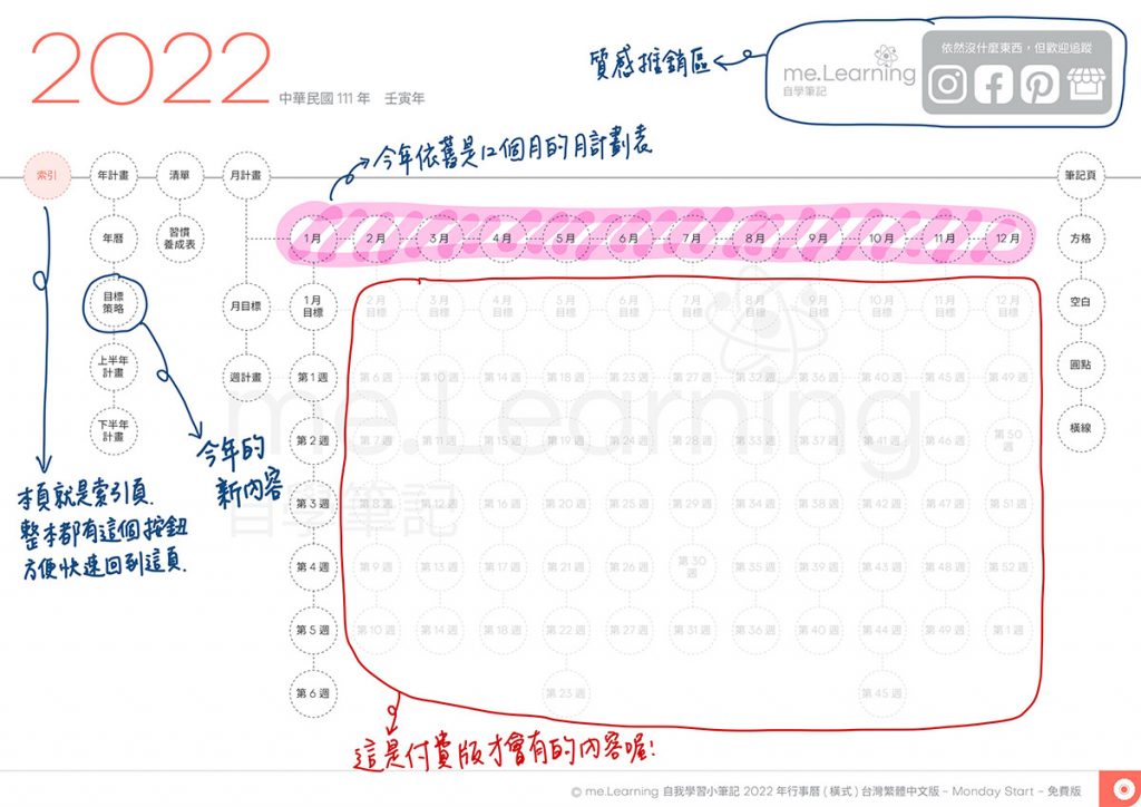 說明 2022DigitalPlanner M TaiwanLunarCalendar FreeVersion 2 b | 免費下載iPad電子手帳digital planner-2022年 design by me.Learning | me.Learning | digital paper | digital planner | goodnotes