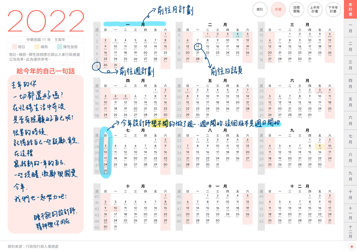 說明補 2022DigitalPlanner S TaiwanLunarCalendar Yearly CoralRed startSunday 13 b | iPad電子手帳2022 台灣繁體中文(農曆)GoodNotes and Notability年度完整版-珊瑚紅-Sunday start | me.Learning |