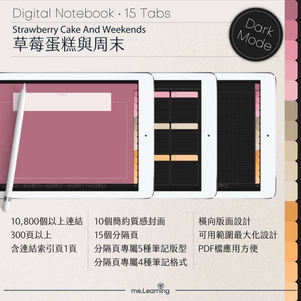 digital notebook 0020 橫 草莓蛋糕與周末 banner1 | iPad電子筆記本-15個分頁-素色封面-橫式-草莓蛋糕與周末-深色底-0020 | me.Learning |