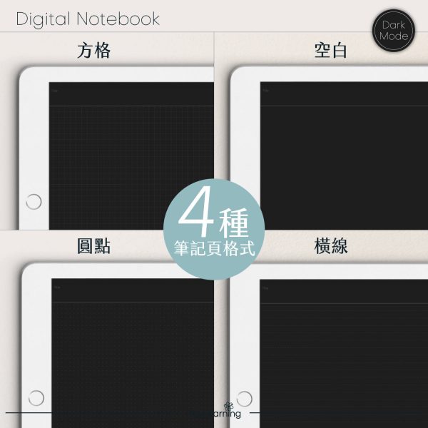 digital notebook 橫 深 4種筆記頁格式 banner1 | iPad電子筆記本-15個分頁-素色封面-橫式-草莓蛋糕與周末-深色底-0020 | me.Learning |