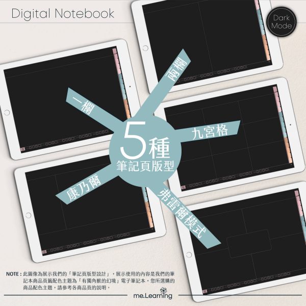 digital notebook 橫 深 5種筆記頁版型 banner1 | iPad電子筆記本-15個分頁-素色封面-橫式-草莓蛋糕與周末-深色底-0020 | me.Learning |