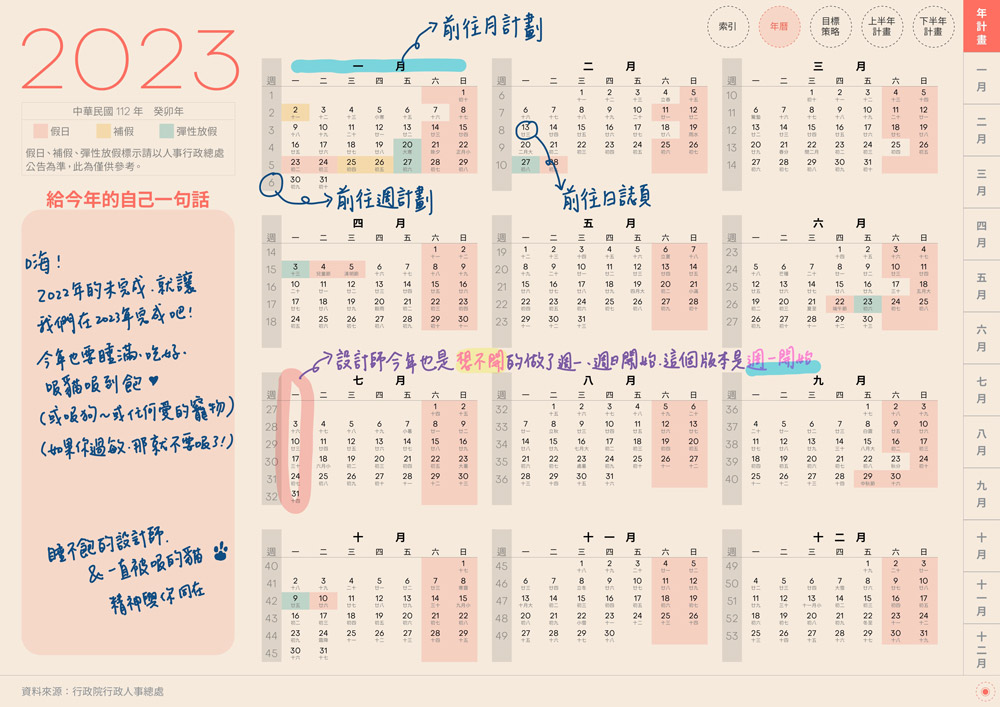 digital planner 2023-Coral Red-Monday-Light-年曆頁手寫說明 | me.Learning