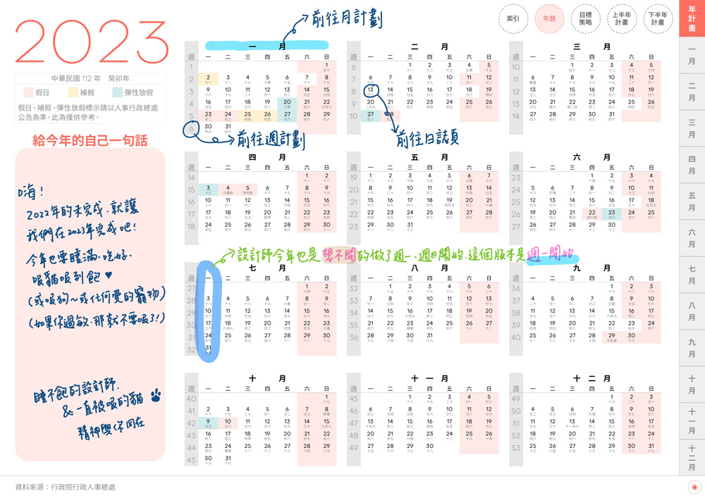 digital planner 2023-Coral Red-Monday-White-年曆頁手寫說明 | me.Learning