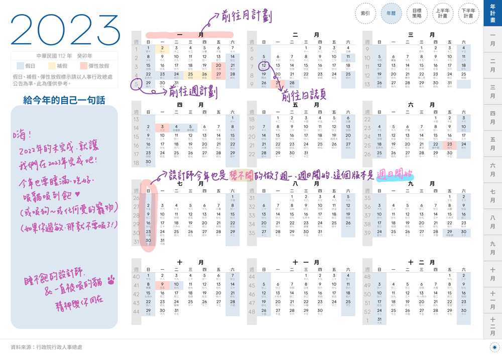 digital planner 2023-Classic Blue-Sunday-White-年曆頁手寫說明 | me.Learning