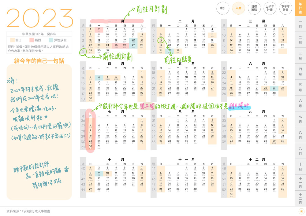 digital planner 2023-Kuchinashi-Sunday-White-年曆頁手寫說明 | me.Learning